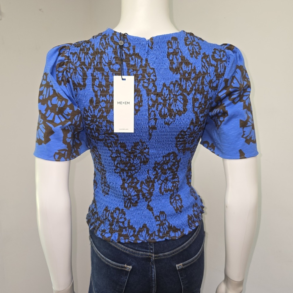 ME+EM Stencil Bloom Print Smocked Top Size 4 Blue Ruffle Provence Womens NWT - Picture 3 of 11